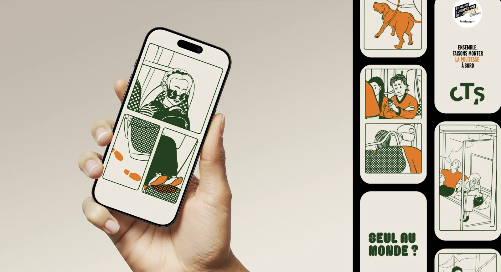 CTS Campagne incivilités 2025 : Seul au monde ? Déclinaisons affiche, arrêt de bus. Palette de couleurs.