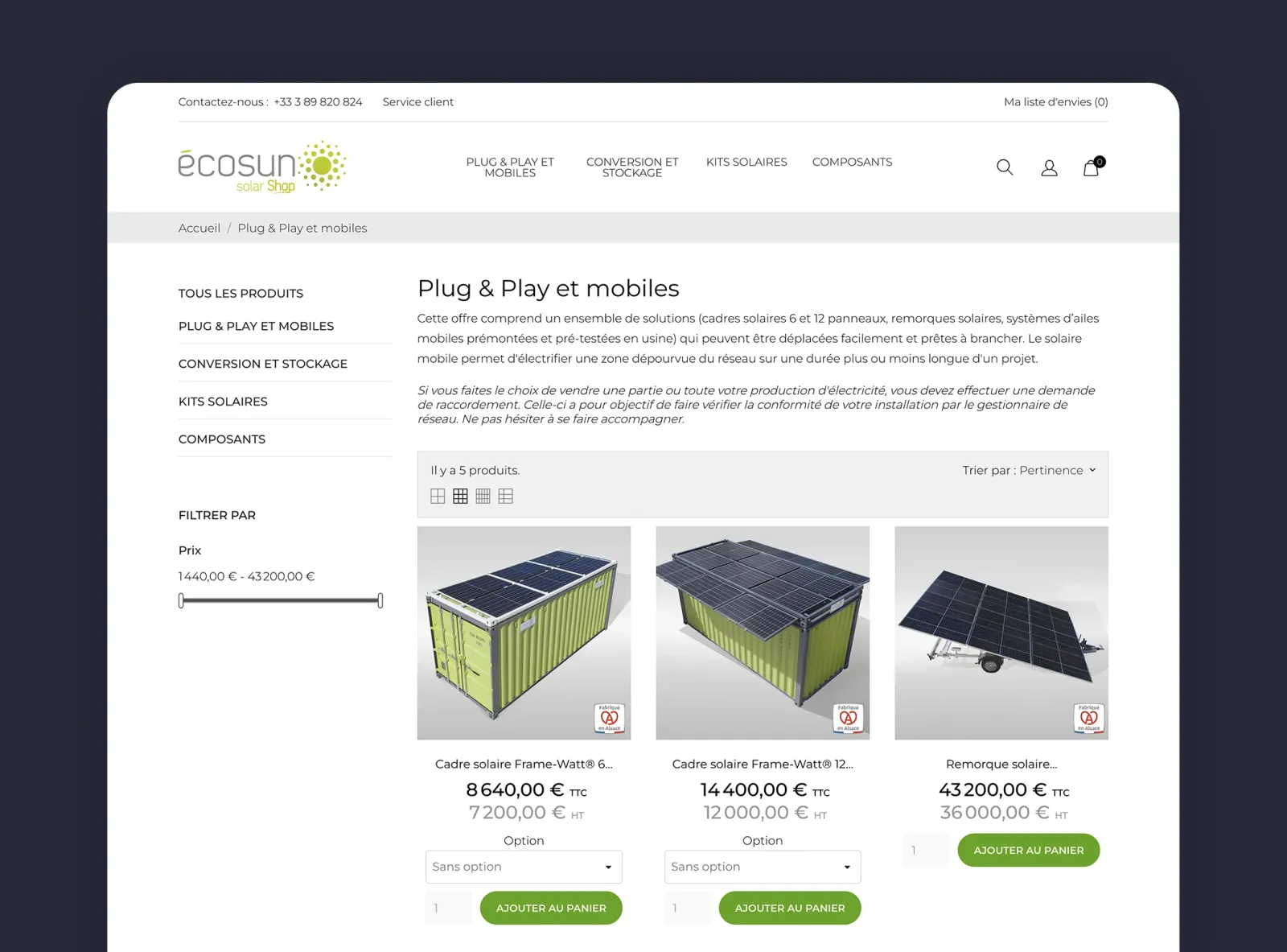 Site e-commerce ECOSUN Solar Shop catalogue produits
