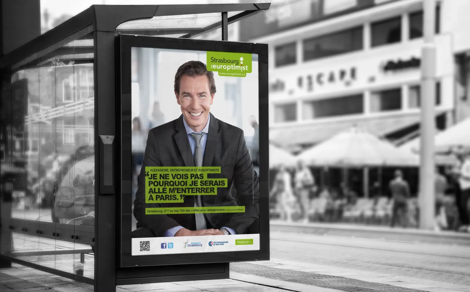 Mupi / Affiches en station de tram pour Strasbourg the Europtimist, promotion du territoire 