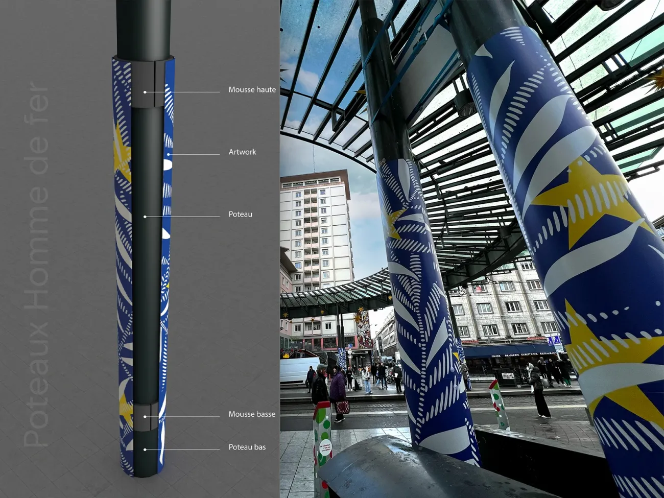 Habillage de poteaux Place de l'Homme de Fer à Strasbourg